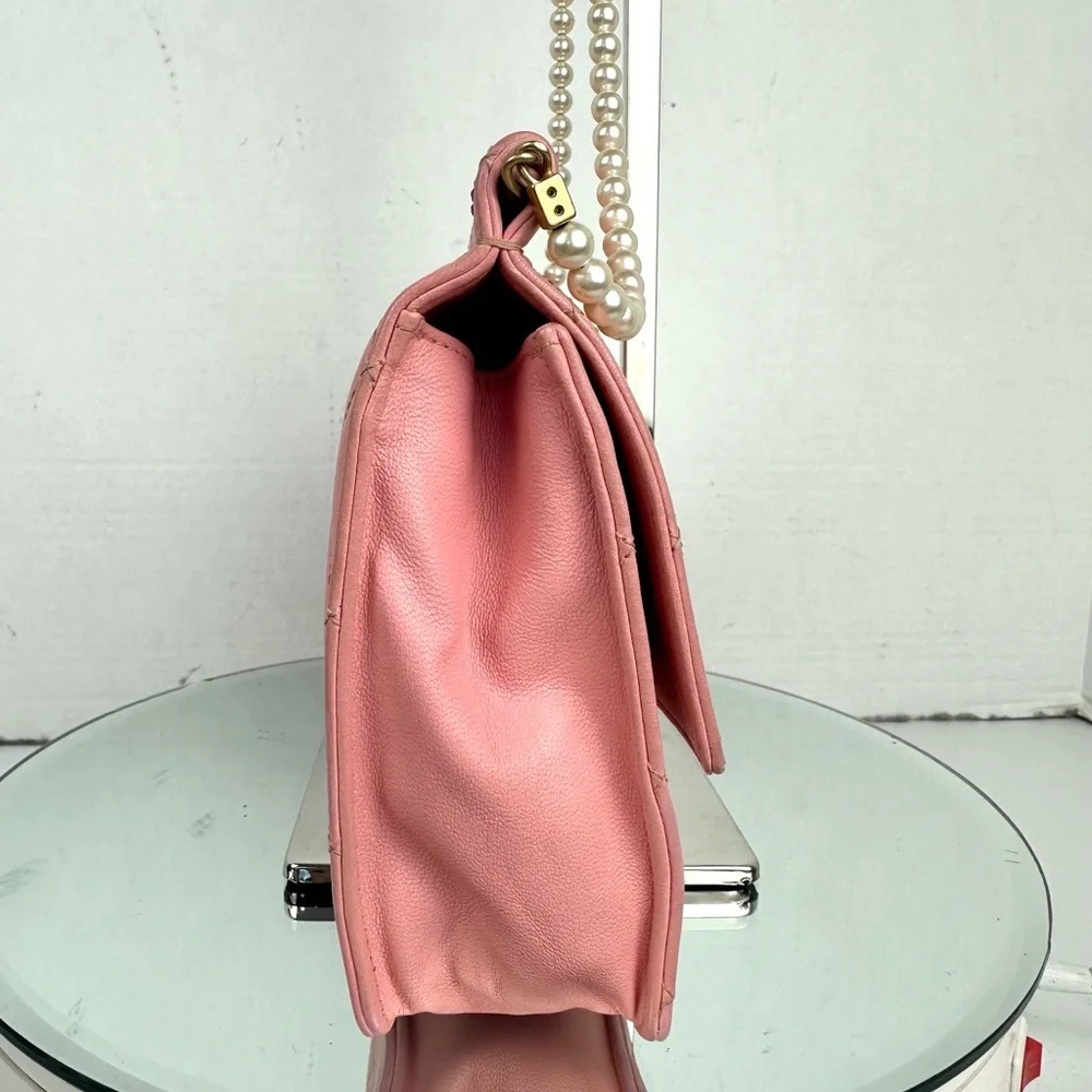 CHANEL Pink Quilted Lambskin Flap Bag with Pearl-Accented Chain